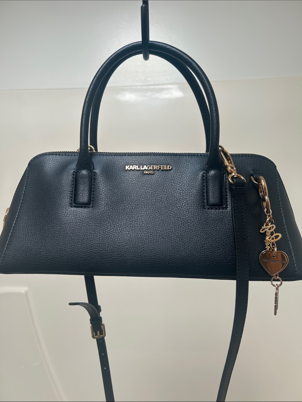 Karl Lagerfeld Black Leather Dome Satchel with Gold Hardware